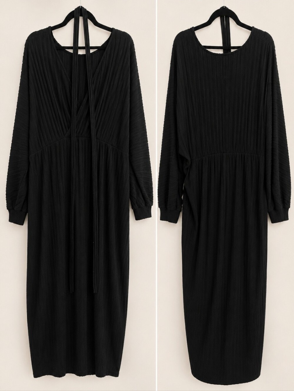 Black Long Sleeve Ribbed Midi Dress